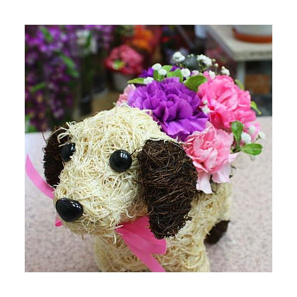 犬と花のフラワーアレンジメント 白いワンちゃんバスケット 紫色のカーネーション ムーンダスト のオリジナル商品 誕生日 記念日などのお祝いギフトに Buyee Servicio De Proxy Japones Buyee Compra En Japon