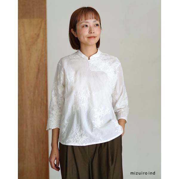 ミズイロインド　シャツ　カットワーク　ブラウス　刺繍　レース　チュニック　現行 mizuiroind（ミズイロインド） ブラウス レースシノワズリシャツ