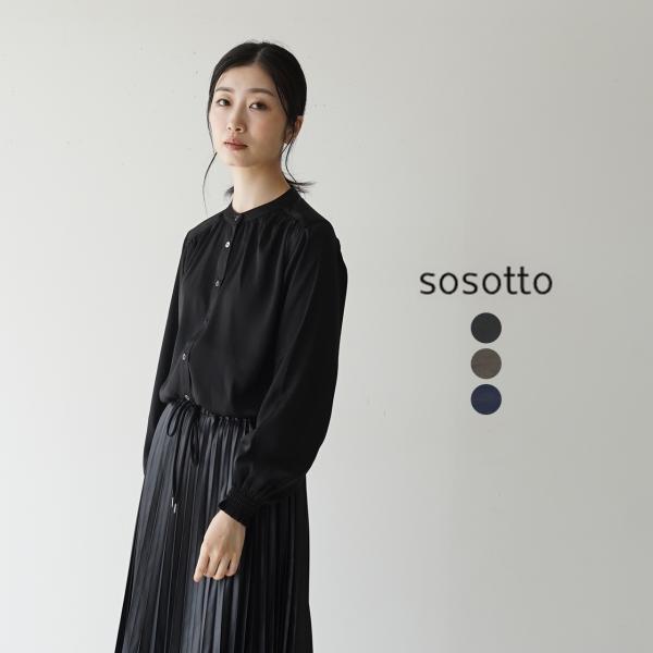 sosotto ソソット プリーツ 花柄 バンドカラー ブラウス ブラック crouka_sosot-42352711