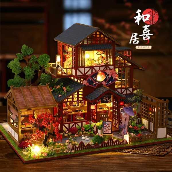 大人のための和風木製ドールハウス、ミニチュアキット、家具付き