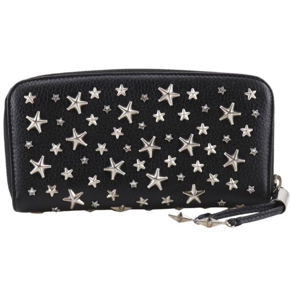 JIMMY CHOO ジミーチュウ ラウンドファスナー スタースタッズ 長財布 レザー×ラインストーン 黒 レディース【H160226700】中古