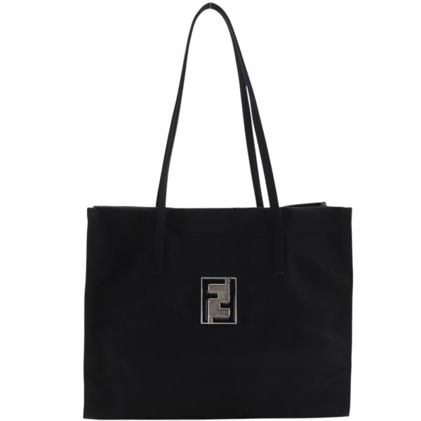 FENDI（フェンディ） ロゴプレート トートバッグ ナイロン 黒