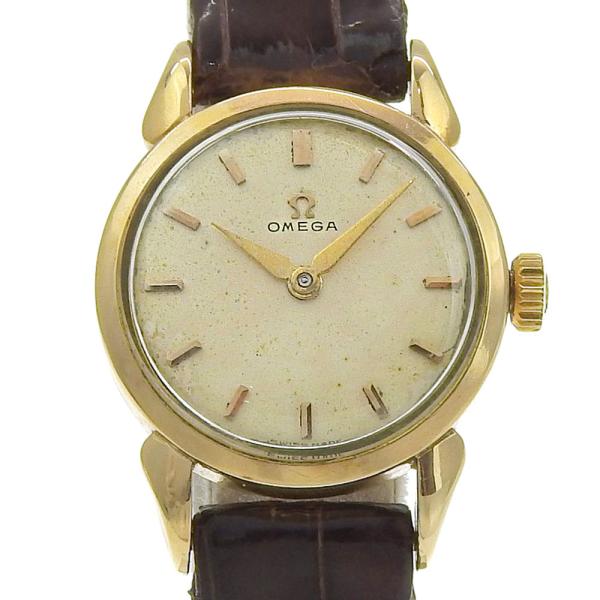 OMEGA オメガ Cal.244 腕時計 金メッキ×型押しレザー 手巻き アナログ表示 レディース アイボリー文字盤【I130325052】中古