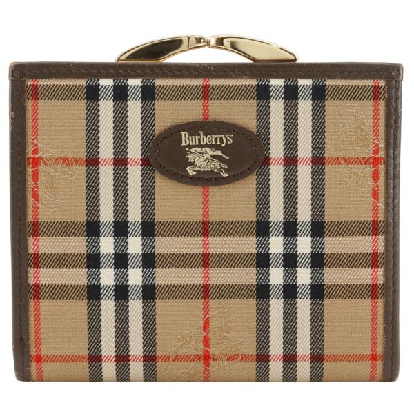 BURBERRY バーバリー ノバチェック がま口 二つ折り財布 コットン×レザー 茶 レディース【I141526170】中古