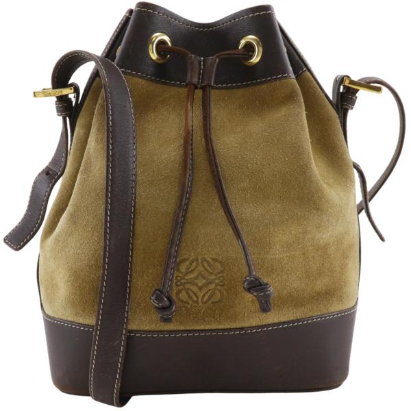LOEWE ロエベ アナグラム 巾着 ショルダーバッグ スウェード×レザー ベージュ レディース【I180726062】中古
