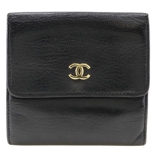 CHANEL シャネル ココマーク Ｗホック A13456 二つ折り財布 カーフ 黒 レディース【I191824278】中古
