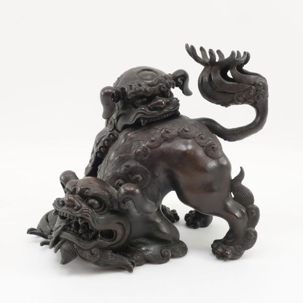 高岡銅器 大峰 作 蝋型鋳銅製 【 戯れ獅子 香炉 】 置物 オブジェ _
