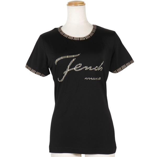 FENDI フェンディ ロゴ パイピンク レーヨン 黒 半袖Ｔシャツ レディース 【中古】 FENDI（フェンディ） ロゴ パイピンク 半袖Tシャツ レーヨン 黒