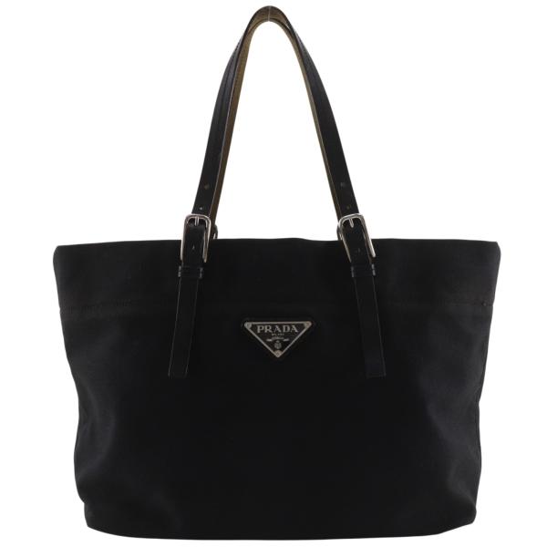 PRADA（プラダ） ロゴプレート トートバッグ キャンバス 黒 レディース