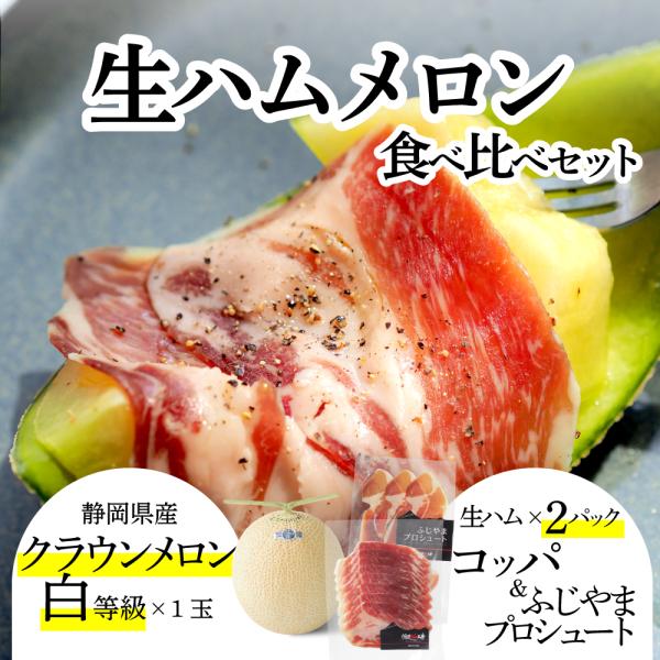 生ハムメロン食べ比べセット (クラウンメロン白等級 1玉 (静岡県産) 生ハム(コッパ×1、ふじやまプロシュート×1))