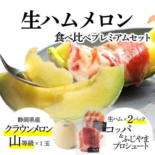 生ハムメロン食べ比べプレミアムセット (クラウンメロン山等級 1玉 (静岡県産) 生ハム(コッパ×1、ふじやまプロシュート×1))