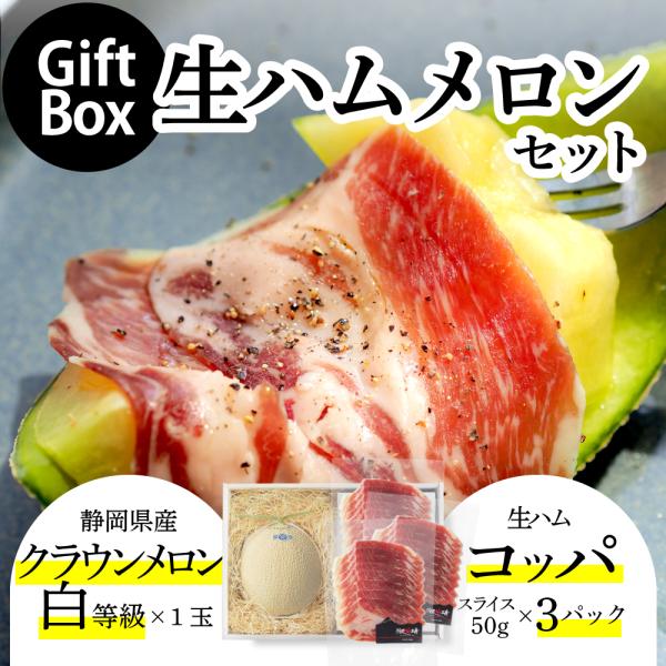 【送料無料】生ハムメロンギフトボックスセット (クラウンメロン白等級 1玉 (静岡県産) 生ハム(コッパ×3))