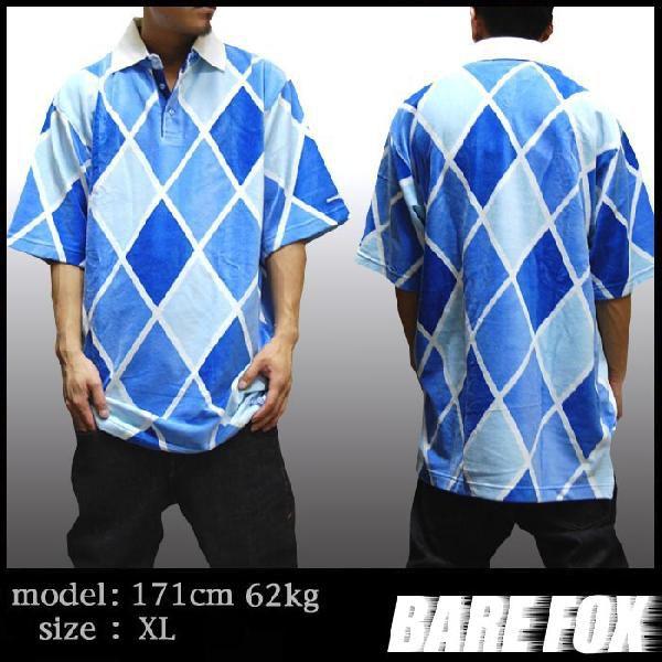 36%OFF】 BARE FOX ベロア ポロシャツ アーガイル ブルー HIPHOP 