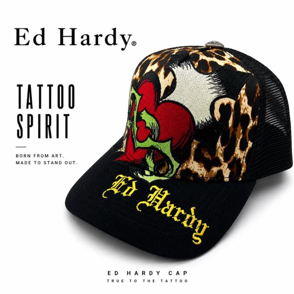 アメリカ直輸入 新作 Ed Hardy エドハーディー メッシュキャップ SACRED HEART 最新作 アメリカ直輸入 メンズ レディース  レオパード タトゥー ハート ブラック