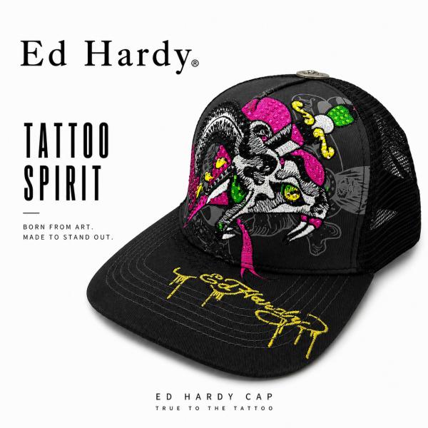 アメリカ直輸入 新作 Ed Hardy エドハーディー メッシュキャップ RHINESTONE DAGGER SNAKE ブラック メンズ レディース 帽子 キャップ スカル スネーク