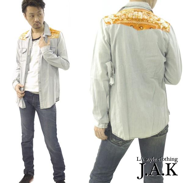 JAK メンズ デニム ウェスタン シャツ ペイズリー柄 オレンジ 長袖