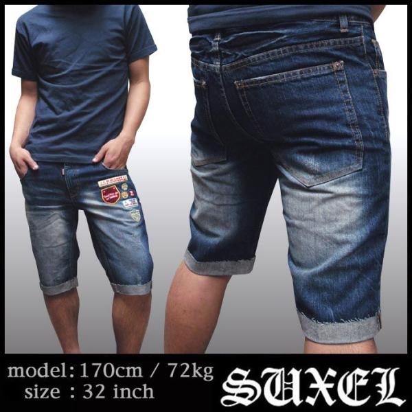 最終値下げ SUXEL サクエル メンズ ハーフパンツ デニム スリム ショーツ ジーンズ ワッペン ヴィンテージ 加工 パンツ ストリート