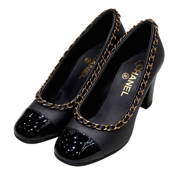 パンプス　CHANEL 35 1/2 CHANEL(シャネル) チェーンパンプス 靴 ブラック レザー サイズ