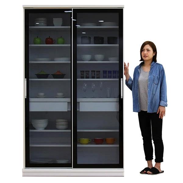 食器棚 スライド扉 キッチンボード 120 大川家具 完成品 ガラス扉