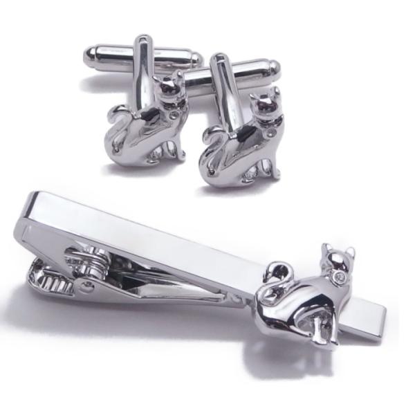 セット ネクタイピン 猫 首元ストーン キラリ おすわり カフス