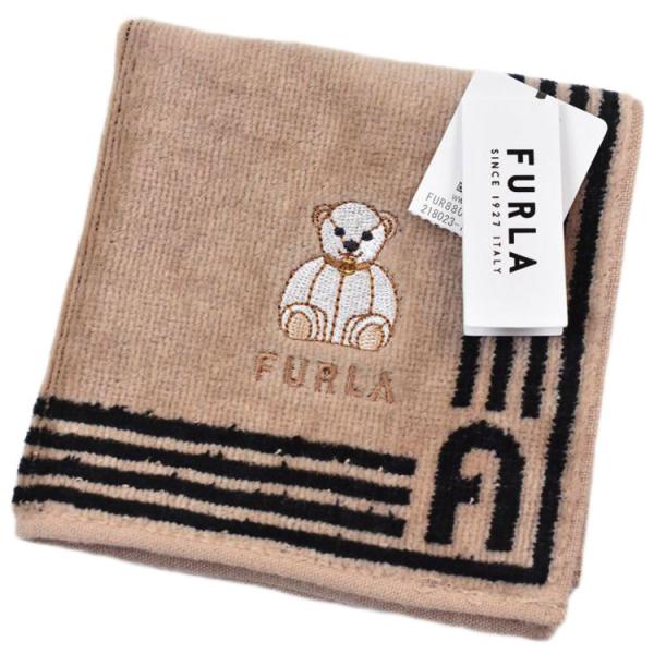 タオルハンカチ フルラ 1枚 レディース ハンカチ 茶 ブラウン ベア くま ロゴ 刺繍 プレゼント ギフト ミニタオル 新品