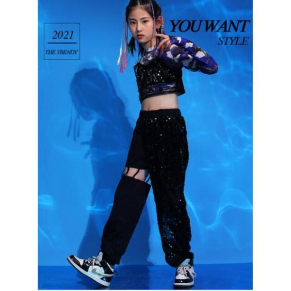 キッズダンス衣装 ヒップホップ スパンコール キラキラ セットアップ 女の子 トップス へそ出し 韓国 かっこいい 黒 練習着 ダンス発表会