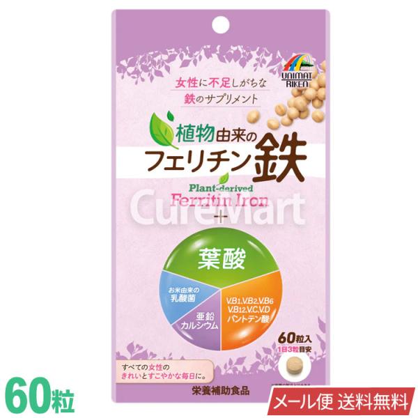 植物由来の フェリチン鉄+葉酸 60粒 日本製 ユニマットリケン メール便送料無料 大豆由来  鉄分 非ヘム鉄 葉酸 Fe 植物性鉄 サプリメント 女性 乳酸菌配合