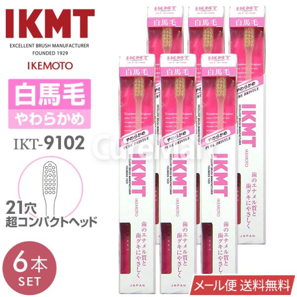 IKMT 歯ブラシ 白馬毛 やわらかめ 超コンパクトヘッド◆6本セット IKT9102 日本製 IKEMOTO メール便送料無料 天然毛 やさしい 歯茎 ハブラシ イケモト 池本刷子