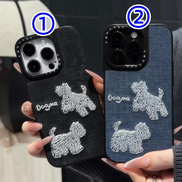 デニム コーデュロイ 刺繍風ドッグ 犬 お洒落 iPhoneケース