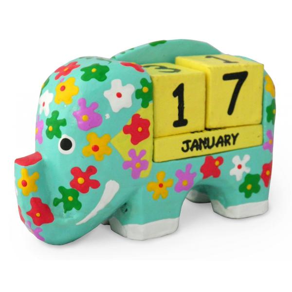 ゾウ 雑貨 木彫り 象 カレンダー 暦 卓上 置物(風水 縁起物 開運