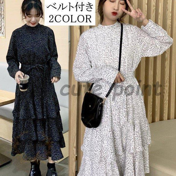 ワンピース レディース ワンピ オシャレ 花柄 長袖 ロング丈ワンピース コーデ ミモレ丈 フリル Aライン ベルト付き ワンピ 新作 着痩せ 黒 白 Cg04 Sami119 Cute Point 通販 Yahoo ショッピング