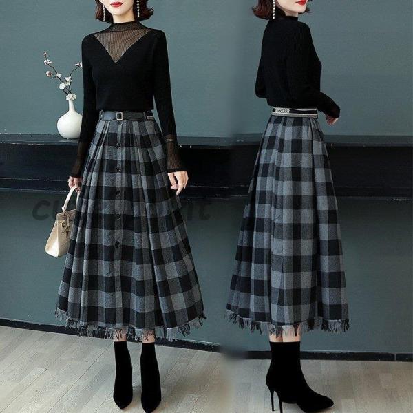 極美品 ロングスカート フレアスカート プリーツスカート ノバチェック柄 秋冬 プリーツスカート ロング丈 秋冬 マキシ丈スカート チェック柄