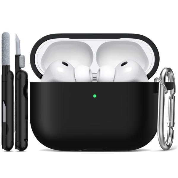 AirPods Pro 第2世代/第1世代ケースカバー、クリーニングキットとキーチェーン付き、Apple AirPods Pro 2023/2022/2019充電ケース用完全保護シリコンケース - ブラック