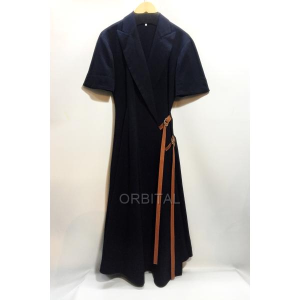定価25万 LOEWE フロントラップ ミディドレス レザーベルト ネイビー cycleparadisestore_dky-
