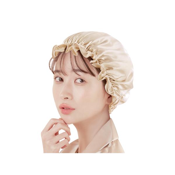 (3) シルク 絹 美髪 ナイトキャップ ショートヘア向 Utukky 丸キャップタイプ【カラー：シャンパン】摩擦 乾燥 保湿 被って寝るだけ うるツヤ髪