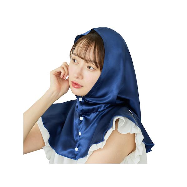 4  シルク 絹 美髪 ナイトキャップ フーディー 筒型 Utukky カラー：ネイビー 摩擦 乾燥 保湿 被って寝るだけ うるツヤ髪 フーディータイプ