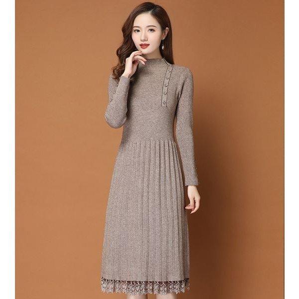 フレアニットワンピースセーターハイネック大きいサイズ : ストリート