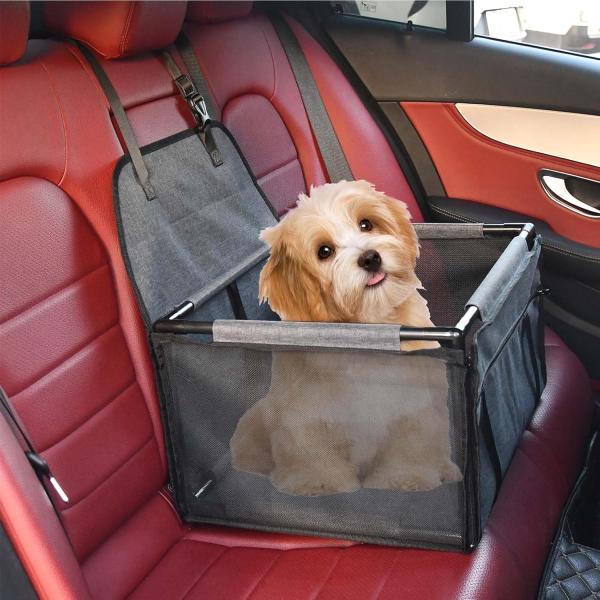 ペット用ドライブボックス 小型犬/猫用 車用ペットシート PVCフレーム ペット用シートベルト付き 取り外し可能 防水 通気 飛び出し防止 水洗い可能