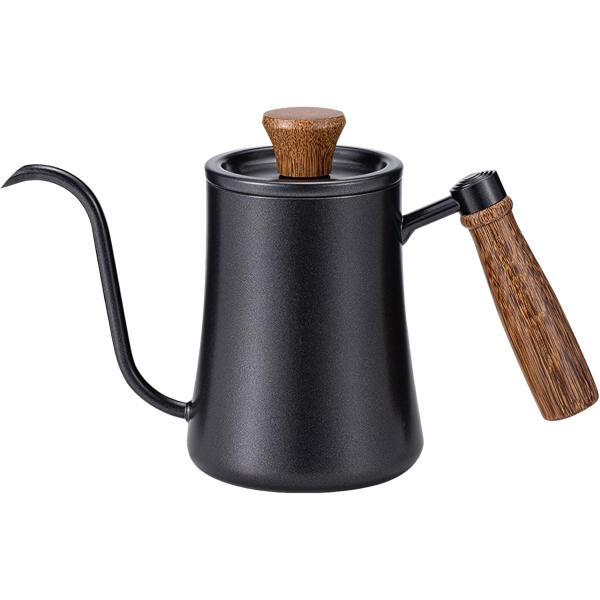 ドリップポット 550ml コーヒーケトル 細口 温度計を差し込める口付き コーヒーポット 304ステンレス 木製ハンドル 目盛線内蔵 直火/IH対応 ブラック