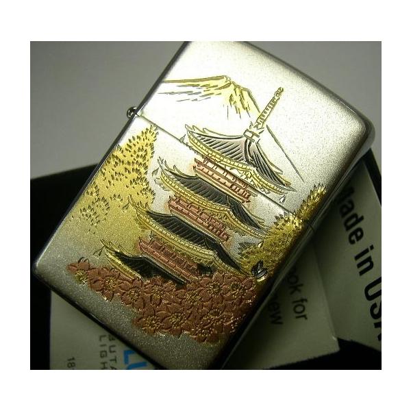 送料180円〜新品正規品 まるで手彫り！伝統の電鋳和板「桜 五重塔」ZIPPOジッポライター☆おまけメンテブラシ付き！