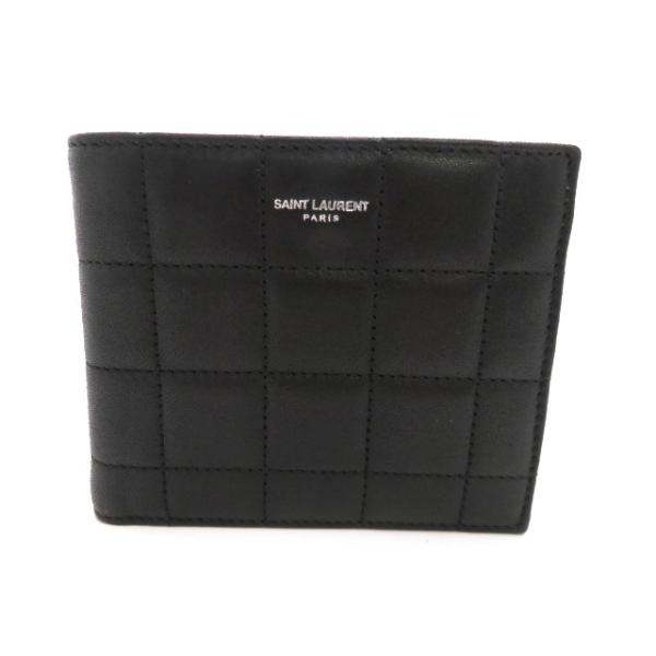 SAINT LAURENT サンローラン キルティング ロゴ イースト ウェスト ウォレット 二つ折り財布_x000D_
 カーフ ブラック メンズ【中古】【473】 SAINT LAURENT サンローラン キルティング ロゴ イースト/ウェスト