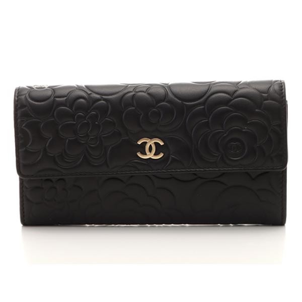 CHANEL（シャネル） カメリア二つ折り長財布 ブラック/GP ラムスキン