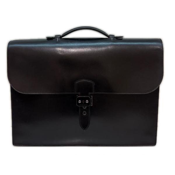 HERMES エルメス サック・ア・デペッシュ41 マチ2  ブリーフケース_x000D_
 ボックスカーフ ブラック □L刻印　2008年製造刻印 メンズ【中古】【473】 HERMES（エルメス） サック・ア・デペッシュ41 マチ2 ルテニウム