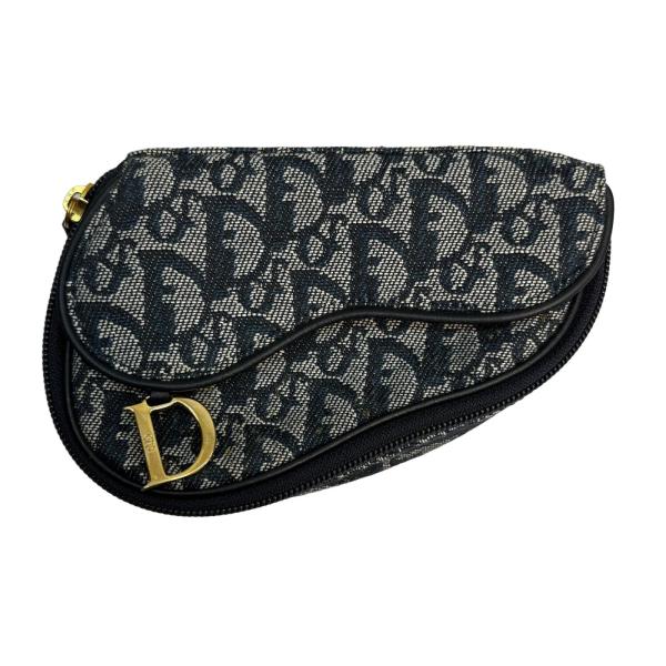 Dior　サドルポーチ トロッター D金具 小物入れ コスメ ネイビー Dior ディオール トロッター サドルポーチ キャンバス/レザー ネイビー