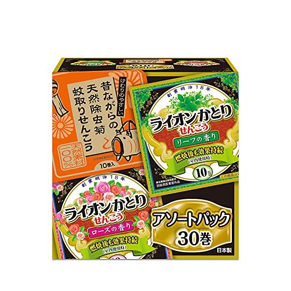 ライオン かとり線香 30巻箱入り アソートパックEM 3種類(リーフ×天然除虫菊×ローズ)×10巻 虫除け :s-4900480286382-20230404:デイリーwai 通販 ライオンかとり線香 30巻箱入り ローズの香りEM
