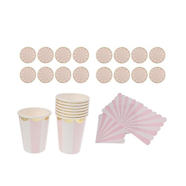 44個 セット 食器 ペーパープレート ペーパーカップ ペーパーナプキン パーティー ピンク 正規逆輸入品 ストライプ 使い捨て 可愛い テーブルウェア