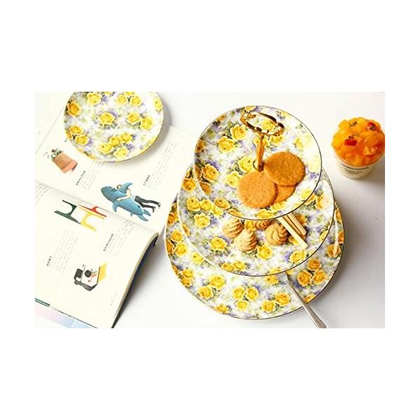 Ybk Tech ボーンチャイナ ケーキスタンド 3段 ゴージャスな プレート アフタヌーンティー 黄色の花 皿 セット 田園風 セール価格