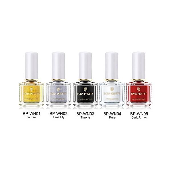 Born Pretty スタンプネイルカラー ゴールド シルバー 黒 5ボトル 6ml セット スタンピングネイル専用ポリッシュ レッド 白 贈答品
