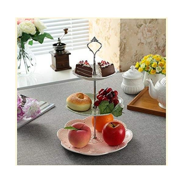 Ybk Tech 全国どこでも送料無料 北欧の風 3段ケーキスタンド 強化磁器 デザートプレート 白い皿 アフタヌーンティー 緑色の皿 ピンクの皿 ゴールデンロッド