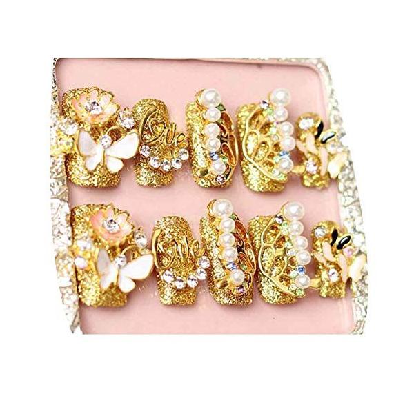 蝶 ラッピング ゴールドカラー偽爪結婚式人工爪のヒントビーズネイルアート